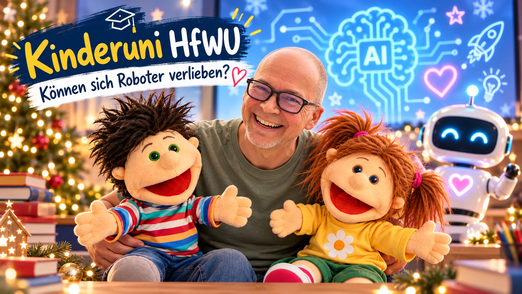Kinderuni-Motiv mit Mathias, Lenny, Lea und einem freundlichen Roboter