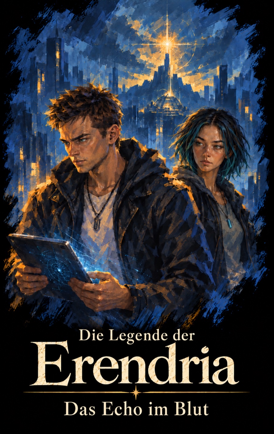 Frontcover Die Legende der Erendria – Das Echo im Blut: zwei Figuren vor einer blau-goldenen fantastischen Stadt